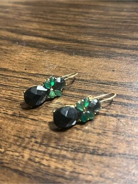 Gold Drop Earrings with Black Teardrop and Emerald Accents
